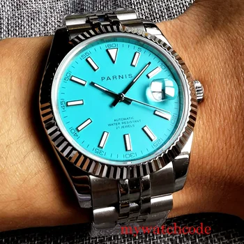 39,5 мм Луксозни мъжки автоматичен часовник PARNIS с автоматична дата, Сапфирен Кристал, Юбилейна каишка, Механизъм MIYOTA 8215
