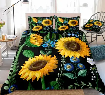 3d цветен комплект постелки черен чаршаф слънчогледово пухени комплект king dropship жълто-сини цветя домашен текстил ботаническата