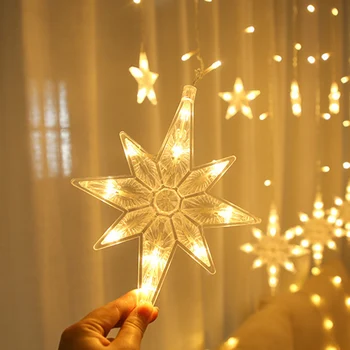 4,5 М LED Завеса с Полярната Звезда 220 В ЕС Коледна гирлянда Струнни приказни светлини на открито за прозорци Сватба парти Коледен Декор