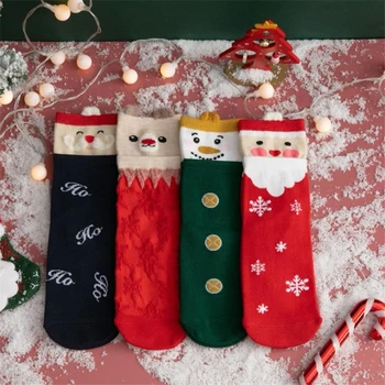 4 Чифта/Лот Коледни Чорапи Памук Скъпа Елен На Дядо Коледа, Снежен Човек Карикатура Печат Коледна Украса, Коледни Подаръци