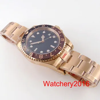 40 мм NH35 MIYOTA 8215 PT5000 Розово злато Автоматично мъжки часовник Сапфир Кристал Черен циферблат Ненаправленный bezel Юбилейна каишка
