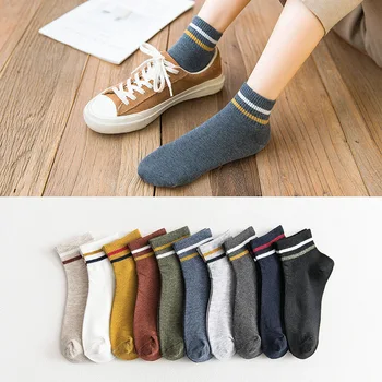 5 чифта Дамски обикновена ежедневни памучни къси чорапи за дамите в подредена ивица Колеж Дишаща Удобен Модерен Японски Корейски чорап