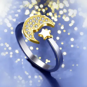 925 Сребро Творчески Златен Цвят, Звезда и Луна Кристал Циркон Пръстена за Жени Сватбени Изискани Бижута Подаръци
