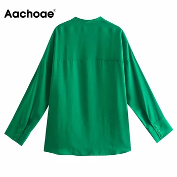 Aachoae Женски извънгабаритни зелени дълги блузи и Ризи Офис дама с дълъг ръкав Елегантна блуза Дамски Ежедневни свободни топове Ризата Blusas