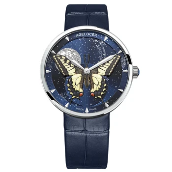 AGELOCER Истински часовник с фазата на Луната За жени Луксозен Топ Марка Пеперуда Дамски ръчен часовник Гривна за момичета Часовници Relogio Feminino