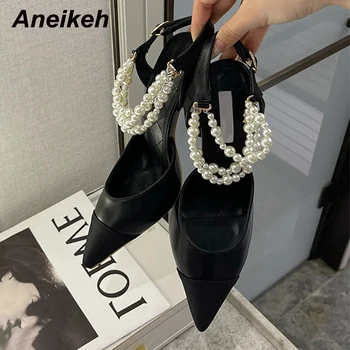 Aneikeh 2022 Нова бродирани мъниста ключалката с остри пръсти Однотонная Класическа лятна дамски ежедневни обувки вечерни Модни сандали от изкуствена кожа в тон 35-39