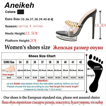 Aneikeh Летни секси прозрачни обувки-като мулета на платформа Дамски обувки от PVC с метална веригата на висок ток, Чехли, Сандали, джапанки Пързалки за партита