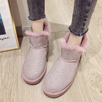 APHIXTA 2021 Луксозни кристали Зимни зимни дамски обувки плюшени топли обувки на платформа от изкуствена кожа-с кръгли петите Зимни обувки