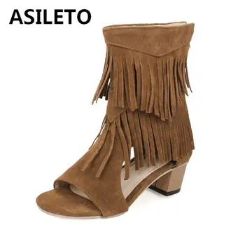 ASILETO Голям размер 32-46 летни обувки с отворени пръсти за жени на високи токчета с пискюли с цип западните ботильоны сандал от набук 1377