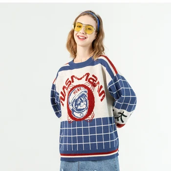 ATSUNSET Бейзболна форма на Космическа Котка Стаи Окото Пуловер с бродерия в ретро стил Харадзюку Вязаный пуловер Памук пуловер Върховете
