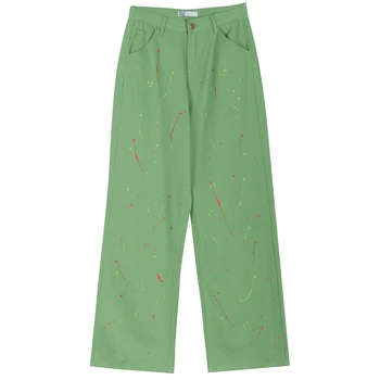 B-TOTO Американски Ретро Зелен Принт Скок Мастило Дънки Дамски Модни Ins с Висока талия прави Панталони 2021 Мода