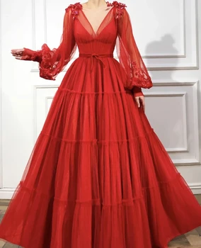 BridalAffair Приказно Червено Нива Тюлевые Дълги рокли за абитуриентски бал 2021 Новата линия 3D Цветя с Дължина до пода Вечерни рокли