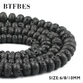 BTFBES Плоски Черни Мъниста от Вулканична лава порода Естествен Камък 6 8 10 мм, Черен Цвят Втулка Свободни Мъниста за бижута направи си САМ Гривна