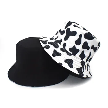 Caluriri Памучен шапка с принтом крави Корейска поп-бяла, черна шапка-кофа Шапка рибар Дамски двустранен шапка за басейна Мъжка лятна шапка от слънцето
