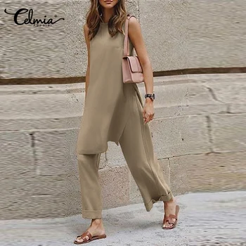 Celmia 2022 Дамски Ежедневни комплект от 2 бр. Модни сгъваеми широки панталони с асиметрични странична цепка без ръкави, Дълга риза Комплекти за панталони