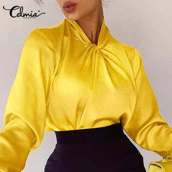 Celmia Дамски елегантни сатен с копринени блузи 2022 Есенни ризи с закрученным яка и дълги ръкави Модерен офис обикновена върховете Mujer