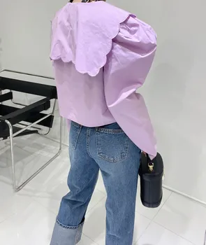 CHEERART моряк на fortune яка Вълна с пищни ръкави Съкратен топ Риза Корейската мода Дамска блуза лилава дизайнерски горната есенното облекло на копчета