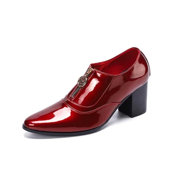 Christia Bella Луксозни Червени лачени, кожени мъжки обувки за вечерни тържества Мъжки обувки на висок ток Танцьорка в нощен клуб с Къси ботуши