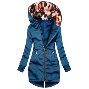 Coats Jackets And Women Fashion Keep Warm Floral Print Яке Zipper Pocket Sweatshirt Long Sleeve Coat Сака, Зимни Дамски