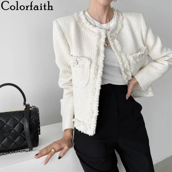 Colorfaith Нов 2021 Есен Зима Дамски якета Модни джобове с пискюли Корейски Стил Vintage Дивата Лейди Къси Потници JK2217