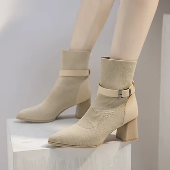 Crochet разтеглив модни обувки дамски есен 2021 г. нови остроносые дамски обувки на дебелите обувки на висок ток, ботуши ugg