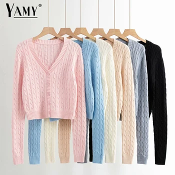 Crochet реколта блузи за жени, модерен зимни с V-образно деколте и дълъг ръкав съкратен топ женски жилетка женски корейски сладък розов пуловер