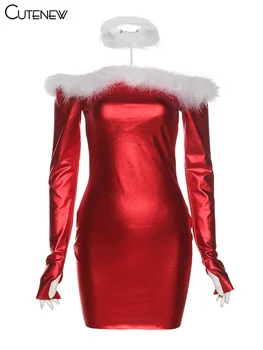 Cutenew Мода Червен Коледен Halter Дебнещ мини рокля Дамска мода Секси с дълъг ръкав Тънки дамски рокли, Вечерни клубна облекло