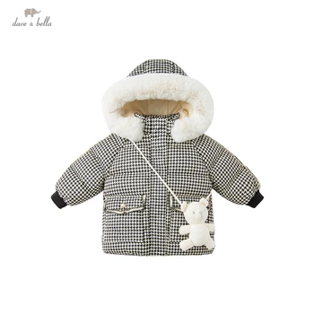 DBM20447 Дейв Бела зимни детски момичета клетчатое пуховое палто за деца на 90% бял утиный пух е мека бебешко яке с малка чанта