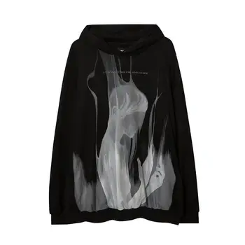 Deeptown Качулки в готически стил за жени Черен големи разпечатки Harajuku пуловер Хип-хоп Спортни дрехи с дълъг ръкав Ретро Дамски есен 2021