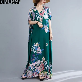 DIMANAF Лятна рокля Дамски дрехи Големи сарафан Бохемски Цветен принт Елегантна дама Ежедневното Свободно дълга рокля Макси зелен цвят