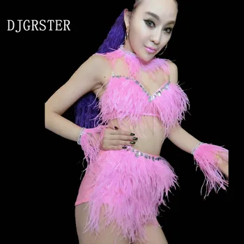 DJGRSTER 2021 Нови танцови костюми за изказвания,костюм на розово перо DJ,сутиен+пола+ верига за ръце+колие,Секси костюми за джаз танци