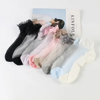 DONG AI Прозрачни дантелени къси чорапи Дама Момиче Принцеса Сокс Летни Тънки Ретро Удобни Модерни Меки Памучни Meias