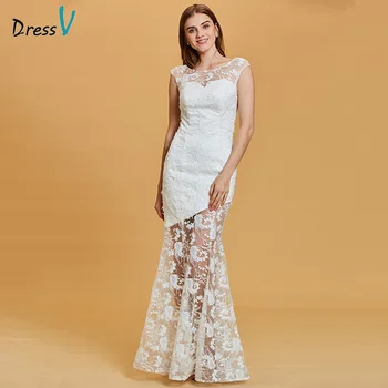 Dressv бяло дълга вечерна рокля евтино с кръгло деколте дантелено рокля с ръкави-капачки сватбена вечерна рокля русалка вечерни рокли