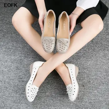EOFK Дамски обувки от естествена кожа, балет апартаменти Пролетни дамски обувки на нисък ток с лък Удобни обувки от мека кожа, без закопчалка за жени