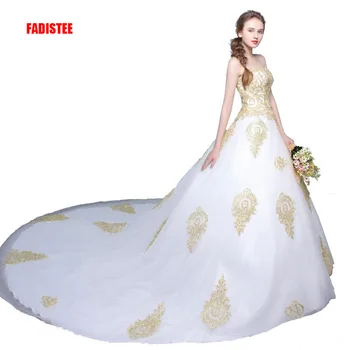 FADISTEE Ново записване елегантна сватбена рокля Vestido de Феста рокля с царски влак апликация дълъг тюл стил сватбена парти златна дантела