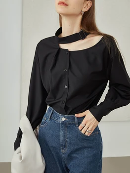 FANSILANEN Офис дама Наскоро Есен 2021 Ризи, Дамски Дамски черни нередовни кухи ризи с дълги ръкави Дизайнерски ризи
