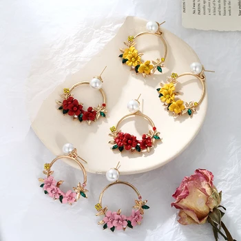 FDLK Съвременните Модни дамски обици с цветя Прости Елегантни кръгли перлени обеци за жени на годишнина от сватба бижута Подарък
