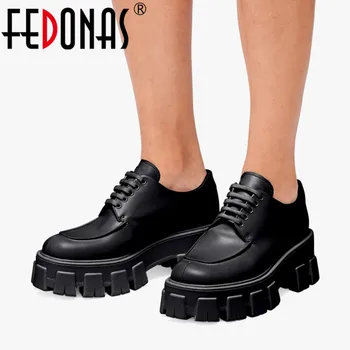 FEDONAS 2022 Дамски обувки-лодка от естествена кожа в танкетке на висок ток с кръстосани завязкой Пролет Есен Ежедневни обувки на платформа Дамски обувки-лодка