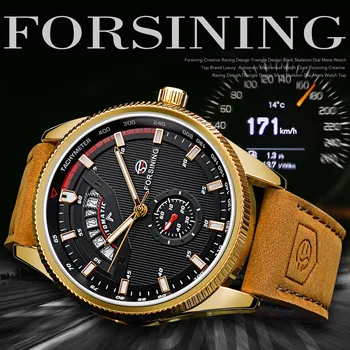 Forsining Автоматично мъжки механични часовници От естествена кожа Военни часовник с черен циферблат Аналогов часовник За мъже датата на Дисплея