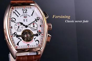 Forsining Квадратен Механичен Дизайн на Корпуса от розово злато, Бял Циферблат Кафява Кожена каишка Мъжки часовник Най-добрата марка на Луксозни Автоматични часовници
