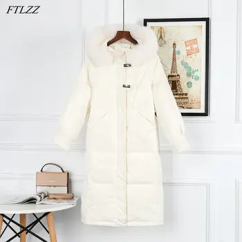FTLZZ 90% от Бяла патица Дълга naka яке 2022 Зимни дамски роговая обтегач Голяма яка от естествен лисьего кожа Палто Ежедневна топла синя горна дреха