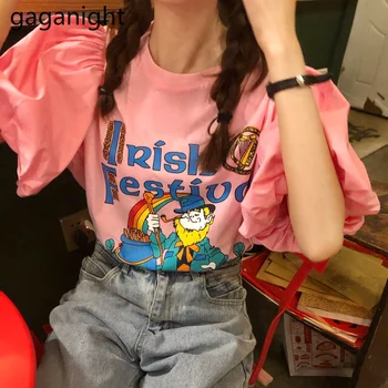 Gaganight Harajuku Puff с къс ръкав Kawaii Мультяшная тениска с кръгло деколте Свободни тениски, Ежедневни дамски сладки памучни тениски с писмото принтом