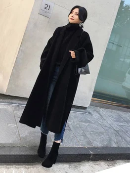 GALCAUR Вълнени смеси Черно палто за жени с ревера и дълъг ръкав Обикновена минималистичные директни палто дантела Дамски корея, модни дрехи