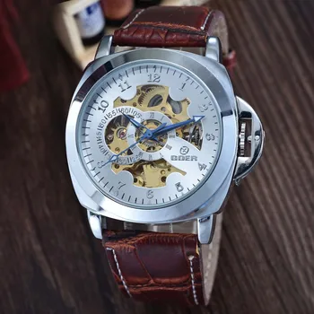 GOER Мъжки Механични часовници Мъжки Златни часовници-скелет Кожена каишка Автоматично ръчен часовник самостоятелно ликвидация Relogio Masculino