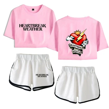 Harajuku K-Pop Новост Нил Horan Роса пъпа Спортни момичета спортен костюм с къс ръкав Момиче Секси комплект от две части на Тениски, шорти, Панталони