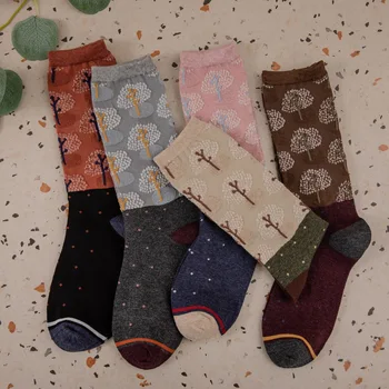 Harajuku Ретро Дамски чорапи в стил Pacthwork Новост в етнически стил Памучни свободни дълги чорапи в японски стил, Модни дамски чорапи за момичета