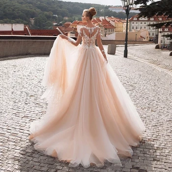 HERBURNL Сватбени рокли Рокля трапецовидна форма, с дълги ръкави Булката Розов Плаж Тюл Дантелени Апликации Бохо Цената За жени