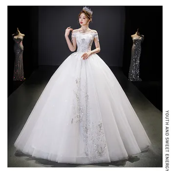 HMHS-A2#Сватбена рокля с бродерии, дантела върху мрежа дантела с кръгло деколте Сватбени рокли Бели, с дълъг ръкав Евтини едро бални рокли за партита