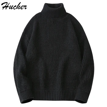 Huncher Мъжки вязаный пуловер с висока воротом За мъже 2021 Зимни Всекидневни Големи Ретро жилетка Мъжки корейски модни пуловери за мъже