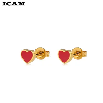 ICAM Родословна за уши от неръждаема стомана детски сладки обеци за жените с червено емайл Обици във формата на сърце Вечерни бижута, подаръци за момичета